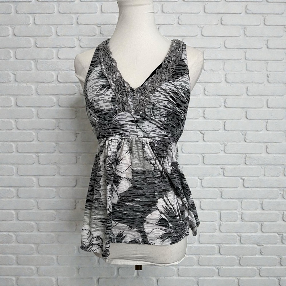 Y2K Abstract Print Empire Waist Tank Top • Fairycore Grunge • Lace Trim V-Neck S